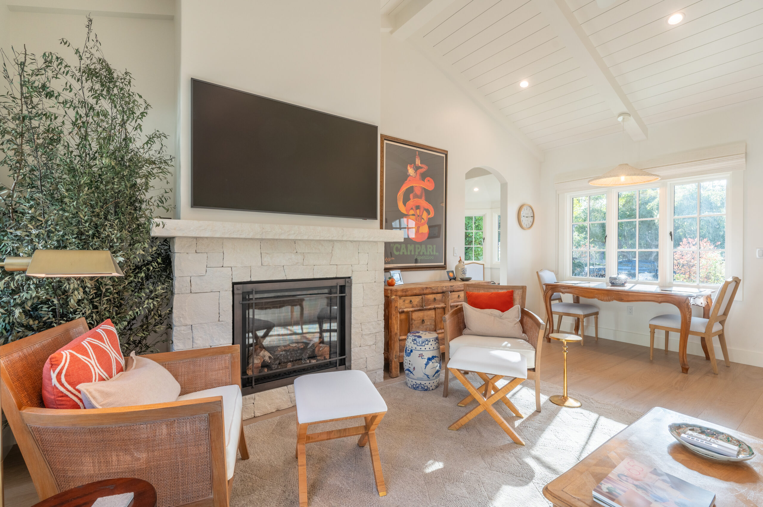 custom built living room with beautiful fireplace for a california ranch in carmel by the sea built by NC Construction